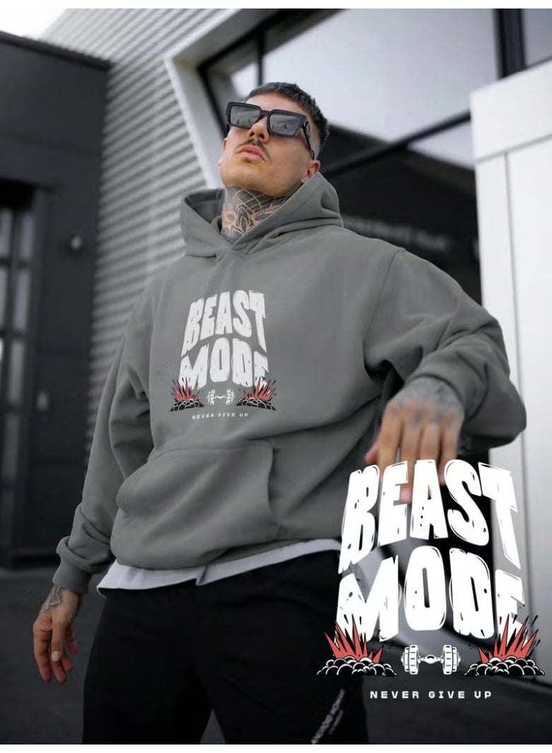 DogFish Women, Men's Sweatshirt Oversize Beast Mode Printed Thick Gray Lover Sweatshirt - Image 2
